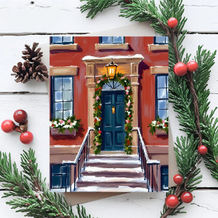 Deck the Halls   City Christmas Bruinstenen huis Feestdagenkaart