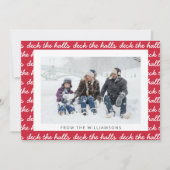 Deck The Halls Kerst Script Pattern Rode Foto Feestdagenkaart (Voorkant)