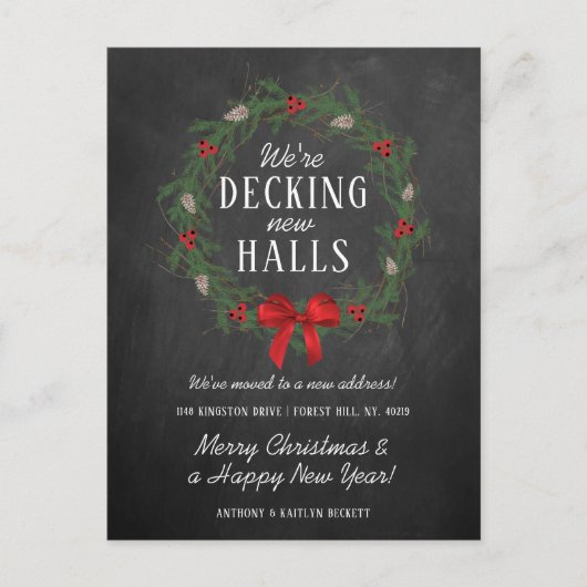 Decking New Halls | Chalkboard Holiday Moving Aankondigingskaart (Voorkant)