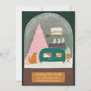 Decking New Halls Snow Wereldbol Bewegende aankond Feestdagenkaart