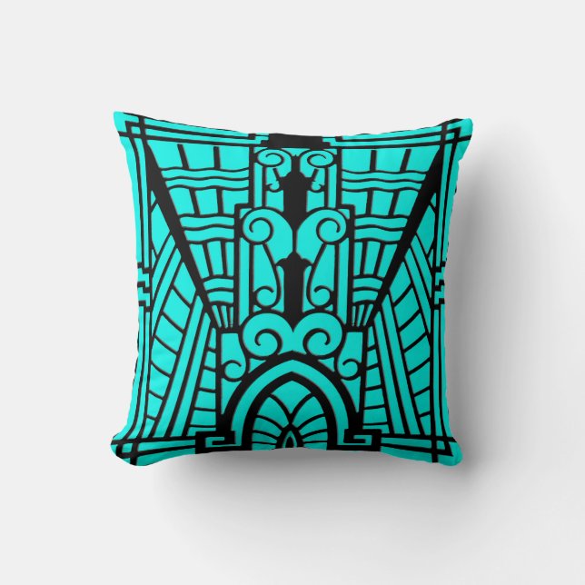 Deco Architecture Pattern, Turquoise en Black Kussen (Voorkant)