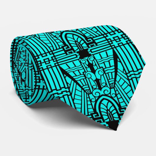 Deco Architecture Pattern, Turquoise en Black Stropdas (Opgerold)
