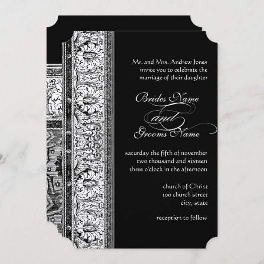 Deco Black Damask Wedding Invitations Kaart (Voorkant / Achterkant)