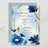 Deco blauwe bloemen bruiloft opslaan van de datum save the date (Voorkant / Achterkant)