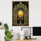 Deco Celestial Sun Portal Poster | Gold Teal Cathe (Bureau à domicile)
