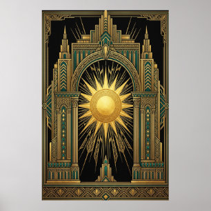Deco Celestial Sun Portal Poster   Goud Teal Cathe