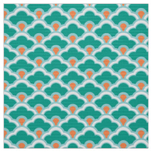 Deco Chinese Scallops, Blauwgroen, Aqua en Coral Stof