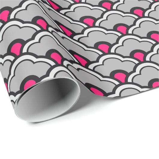 Deco Chinese scallops, grijs / grijs, zwart en roz Cadeaupapier (Rol Hoek)