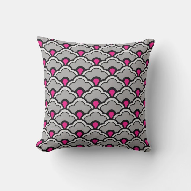 Deco Chinese scallops, grijs / grijs, zwart en roz Kussen (Voorkant)