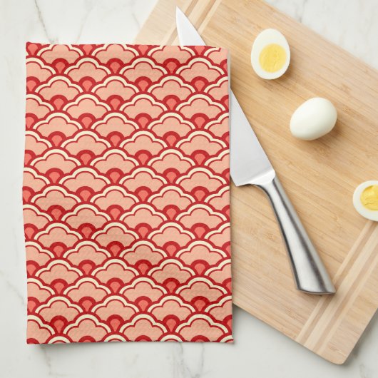 Deco Chinese Scallops, Peach, Rust en Cream Theedoek (Quarter Fold)