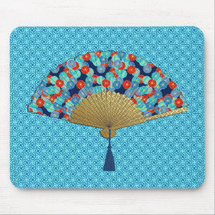 Deco Fan - Flowers in Cobalt, Turquoise en Red Muismat