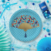 Deco Fan - Flowers in Cobalt, Turquoise en Red Papieren Bordje (Feest)