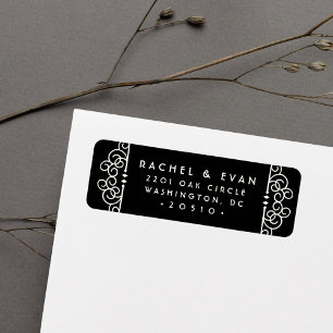 Deco Flourish Return Address Label   Zwart