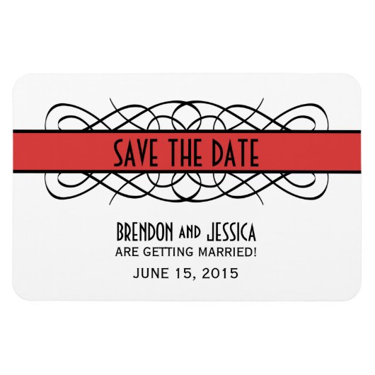 Deco Flourish Save the Date Magnet, Red Magneet (Horizontaal)