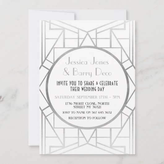 Deco Gatsby Silver 20's Wedding Invite uit 1920 Kaart (Voorkant)