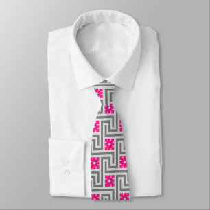 Deco Greek Key, Grey / Grey / Fuchsia Pink Stropdas
