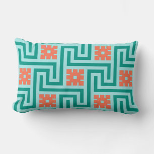Deco Greek Key, Turquoise, Aqua en Coral Kussen