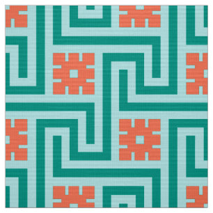 Deco Greek Key, Turquoise, Aqua en Coral Stof
