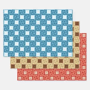 Deco Griekse sleutel, blauw & wit, bruin, Oranje Inpakpapier Vel