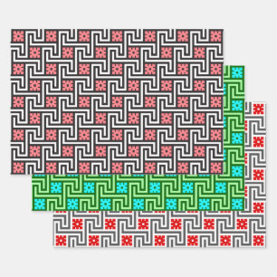 Deco Griekse sleutel, roze, groen, rood en grijs Inpakpapier Vel