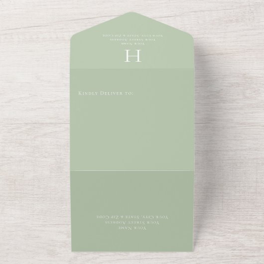 Deco Modern Monogram Sage Green Dinner All In One Uitnodiging (Buitenkant)