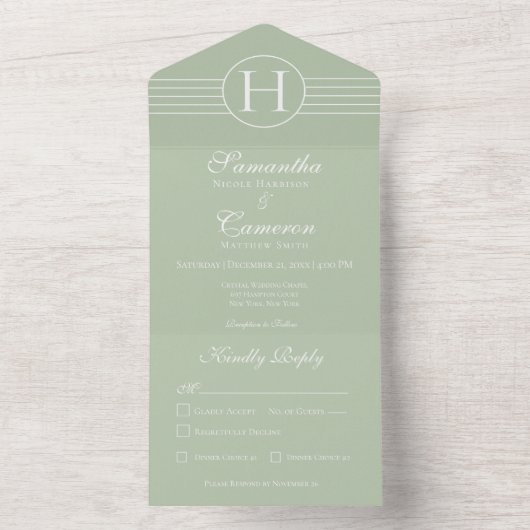 Deco Modern Monogram Sage Green Dinner All In One Uitnodiging (Binnen)