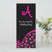 DECO MONOGRAAM VERJAARDAGSFEEST, fuchsia zwart zil Kaart (Staand voorkant)