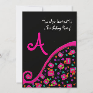 DECO MONOGRAM BIRTHDAY PARTY, fuchsia black gold Kaart