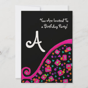 DECO MONOGRAM BIRTHDAY PARTY, fuchsia black gold Kaart