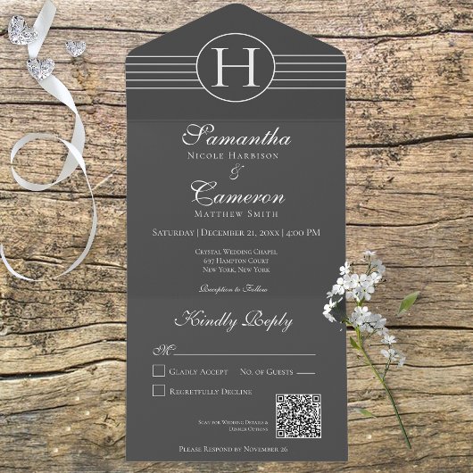 Deco Monogram Moderne Koolsteenkolen QR-code All In One Uitnodiging