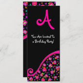 DECO MONOGRAM VERJAARDAGSFEEST, fuchsia zwart zilv Kaart (Voorkant / Achterkant)