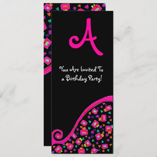 DECO MONOGRAM VERJAARDAGSFEEST, fuchsia zwart zilv Kaart (Voorkant / Achterkant)
