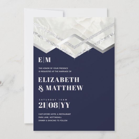 Deco Navy Silver Minimalist Typography Wedding (Voorkant)