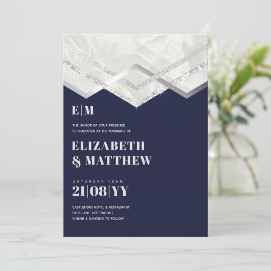Deco Navy Silver Minimalist Typography Wedding (Staand voorkant)