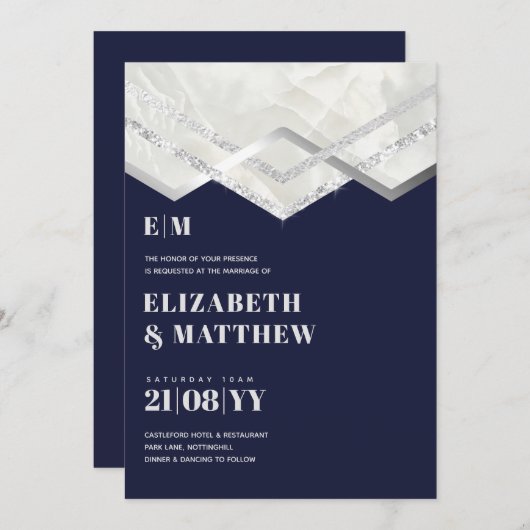 Deco Navy Silver Minimalist Typography Wedding (Voorkant / Achterkant)