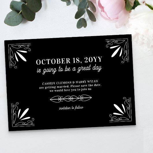 Deco Zwart-wit Typografie Bruiloft Save The Date
