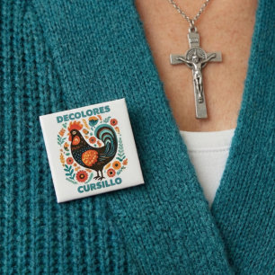 DeColores Cursillo Volkskunst Zwarte Haan Geloof Vierkante Button 5,1 Cm