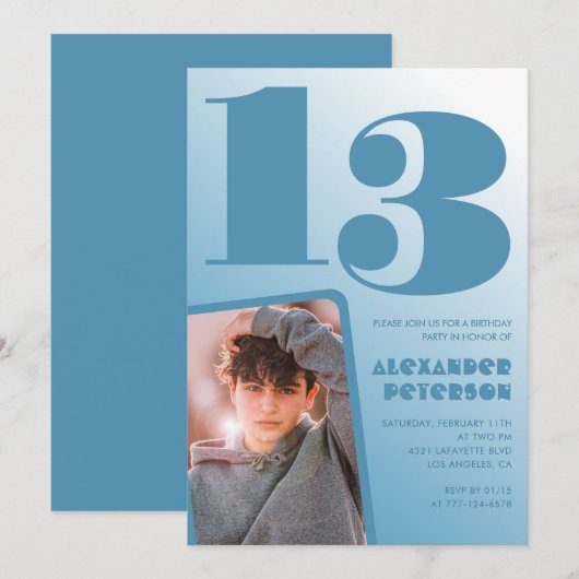 Décor bleu 13ème anniversaire invitations Boy Phot (Devant / Derrière)