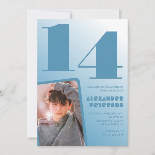 Décor bleu 14e anniversaire invitations Boy Photo (Devant)