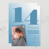Décor bleu 14e anniversaire invitations Boy Photo (Devant / Derrière)