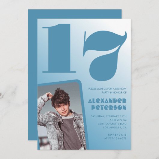 Décor bleu 17e anniversaire invitations Boy Photo (Devant / Derrière)