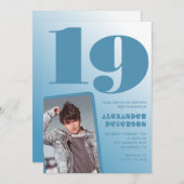 Décor bleu 19e anniversaire invitations Boy Photo (Devant / Derrière)