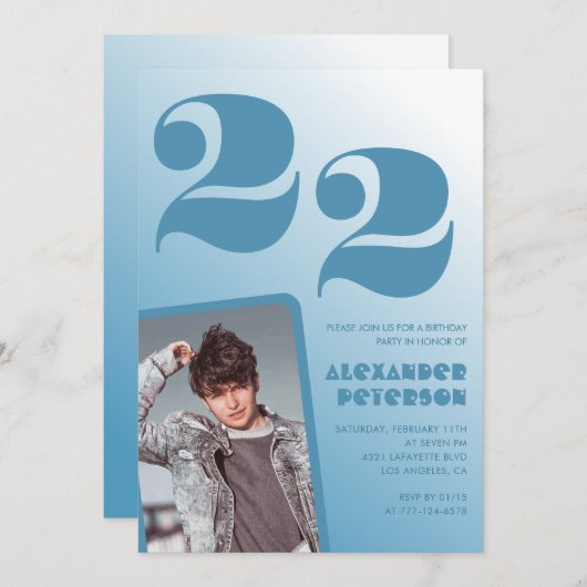 Décor bleu 22e anniversaire invitations Boy Photo (Devant / Derrière)