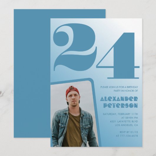 Décor bleu 24e anniversaire invitations Lui Photo (Devant / Derrière)