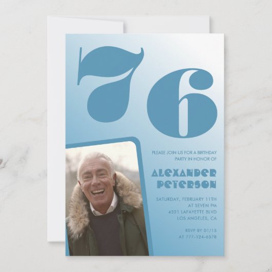 Décor bleu 76e anniversaire invitations Hommes Pho (Devant)