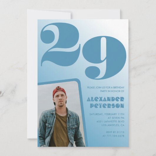 Décor bleu Invitations à 29e anniversaire Boy Phot (Devant)