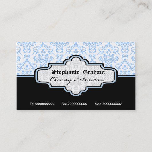 Décor noir bleu blanc damassé carte de visite (Devant)