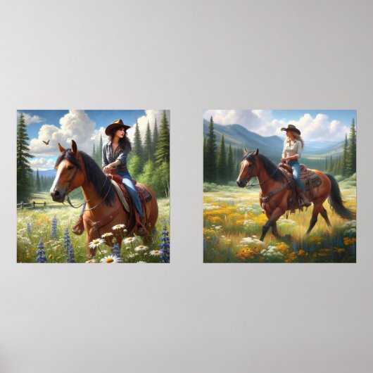 Décor Occidental Cowgirls Riding Horse Print Set (Recto)