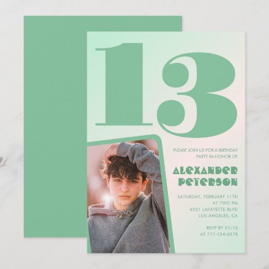 Décor vert Invitations à 13e anniversaire Boy Phot (Devant / Derrière)
