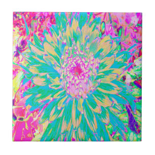 Decoratief Blauwgroen groen en warmroze Dahlia ven Tegeltje